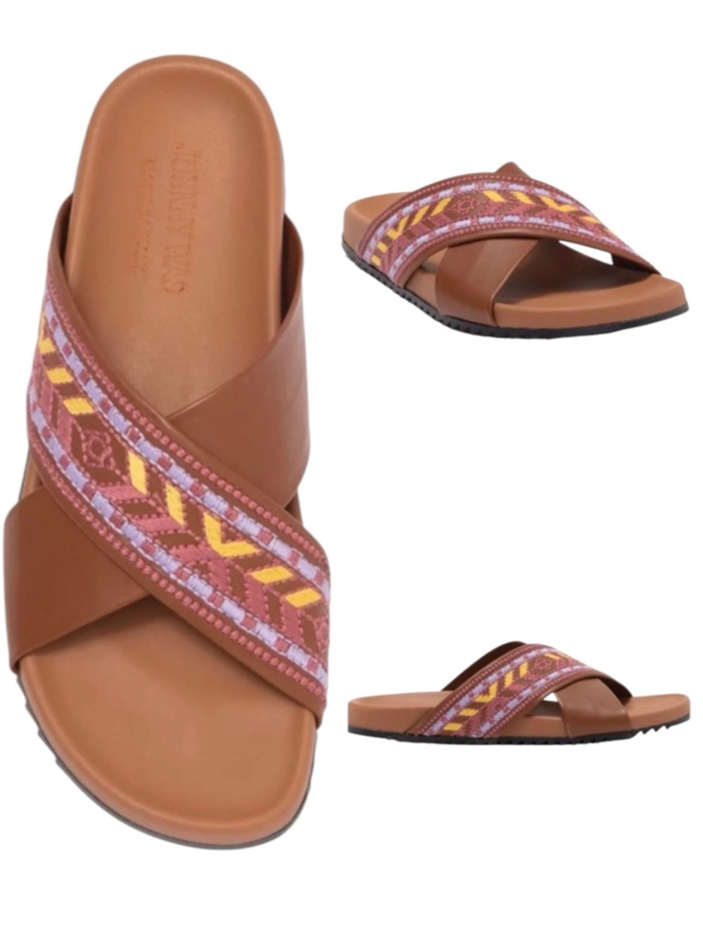 NEW Johnny Was Alessi Embroidered Leather Sandal In Cuoio